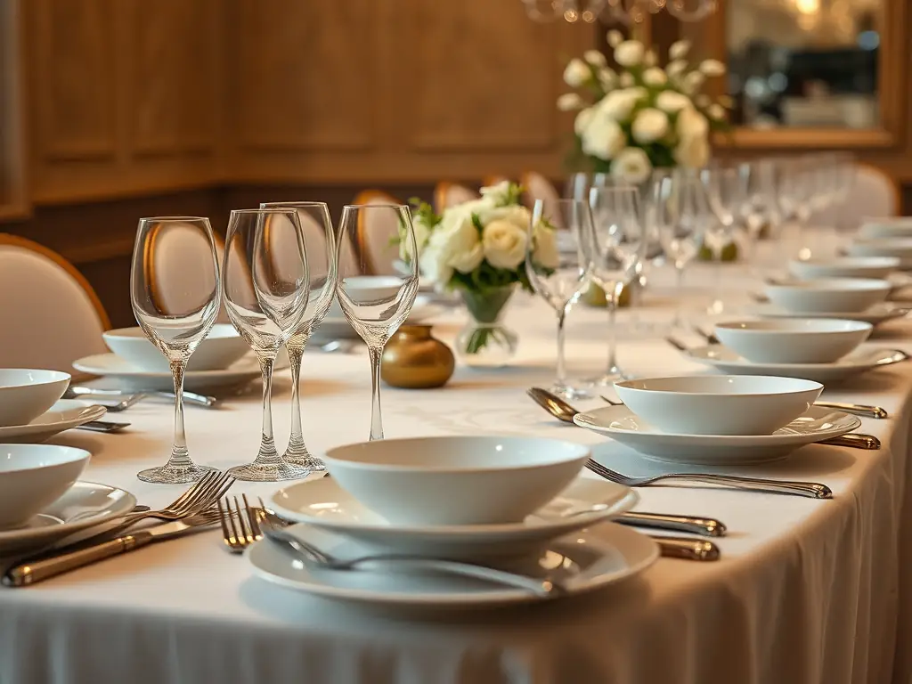 An elegant table setting at a Michelin-starred restaurant in Monaco, highlighting the exquisite dining experiences curated by Riviera Privée. The setting includes fine china, crystal glassware, and gourmet cuisine.