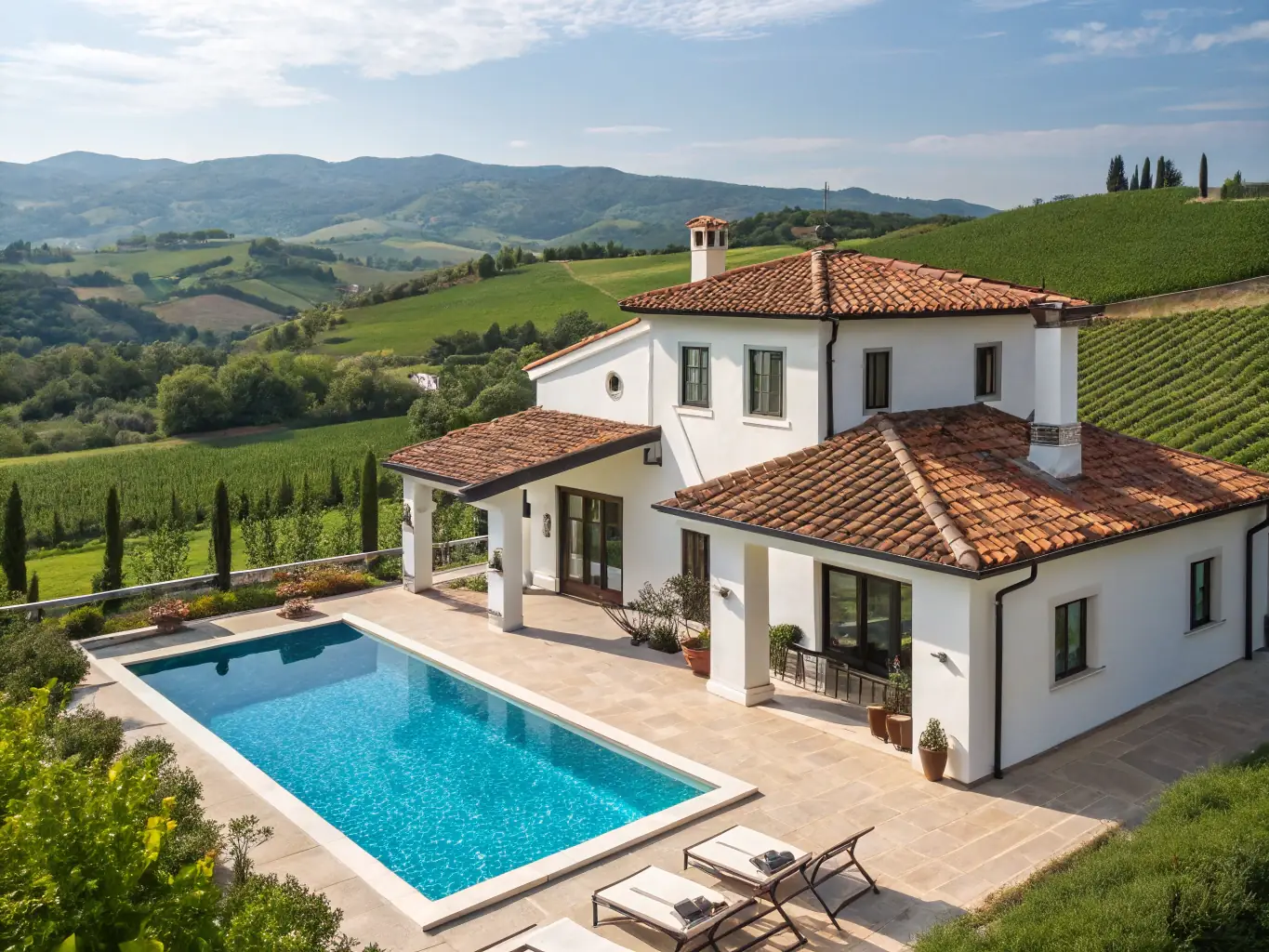 A luxurious villa overlooking the Mediterranean Sea at sunset, showcasing the elegance and exclusivity of Riviera Privée's accommodation services. The villa has a private pool and manicured gardens.