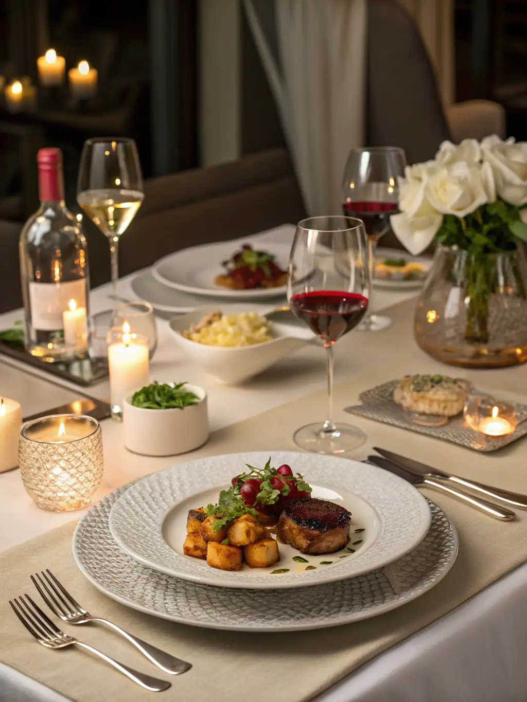 An elegantly set table at a Michelin-starred restaurant in Cannes, highlighting the fine dining reservation services offered by Riviera Privée.