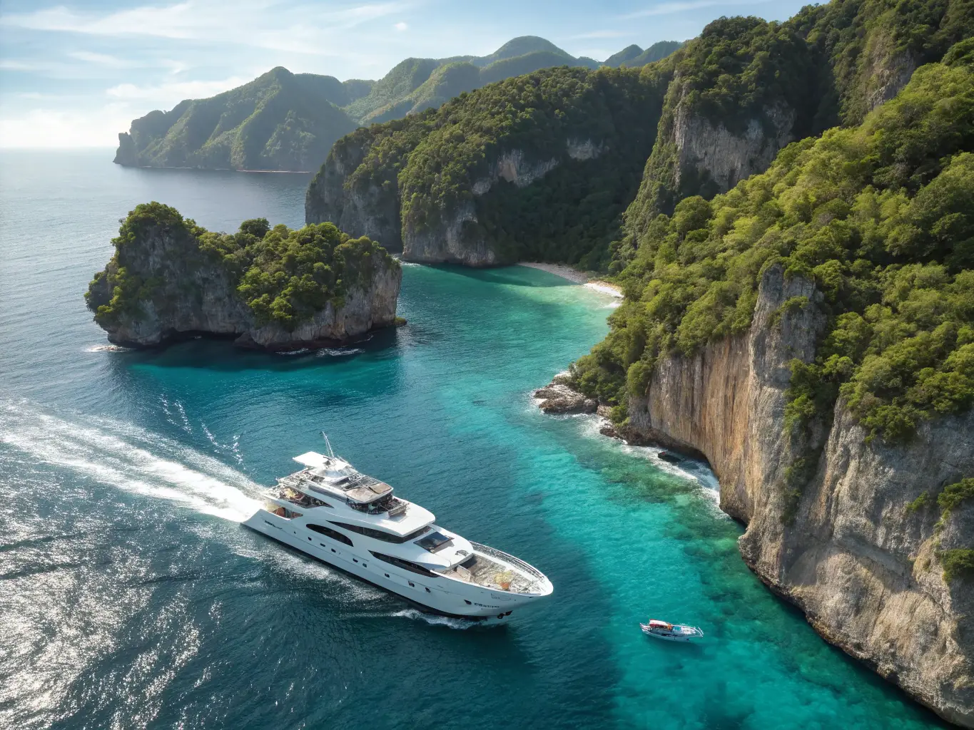 A sleek yacht sailing on the crystal-clear waters of the French Riviera, symbolizing the freedom and opulence of Riviera Privée's yacht charter services. The yacht has a sun deck and lounge area.
