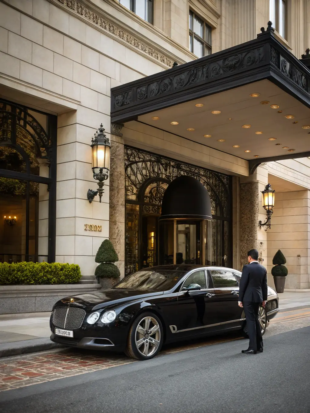 A luxury sedan with a professional chauffeur in front of a high-end boutique in Monaco, representing the private chauffeur and transfer services of Riviera Privée.